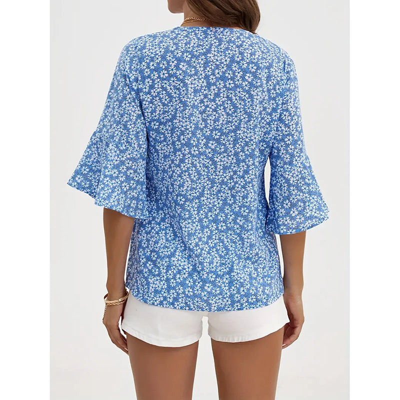 Blusas de verano con estampado floral y cuello en V para mujer con manga acampanada