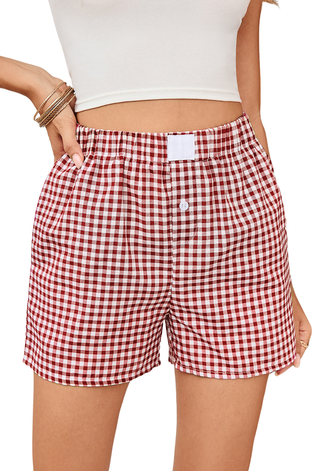 Shorts de pierna ancha sueltos de talle alto con estampado a cuadros vintage verde helecho
