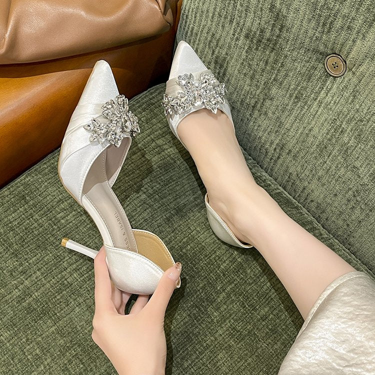 Women Satin Pointed Toe Stiletto High Heels Rhinestone Floral Crystal Embellished Cutout Pumps Elegant Ivory Bridal Shoes For Wedding Prom Evening Party