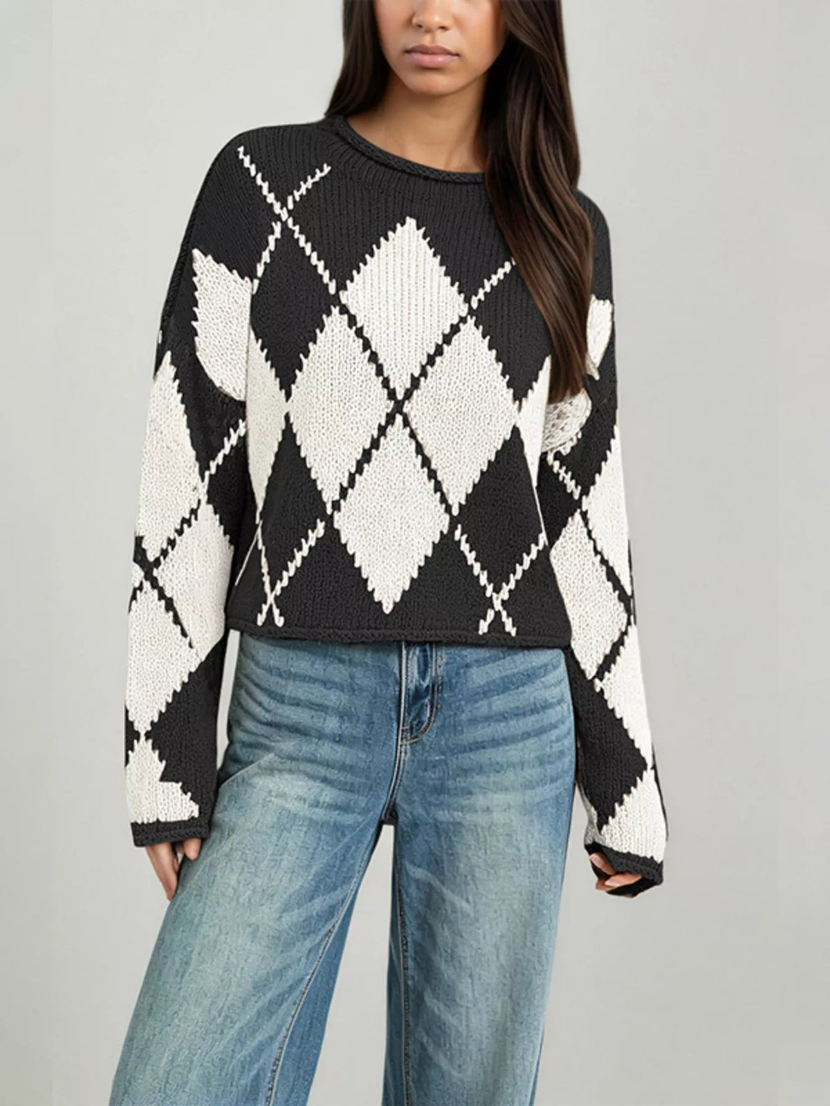Argyle Pattern Knit Dropped Shoulder Sweater