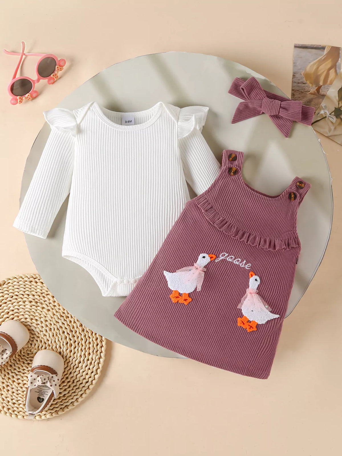 Children's Ruffled Trim Bodysuit and Dress Set with Headband