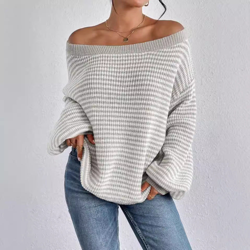 Off-The-Shoulder Knit Sweater With Loose Fit, Color-Blocked Stripes, Lantern Sleeves, Women's European And American Style Red Sweater, Autumn And Winter, High-End Feel