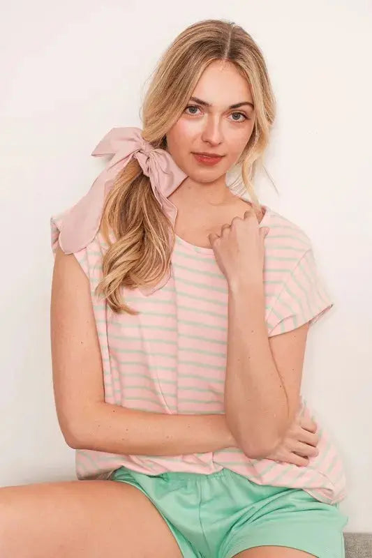 Women's T-Shirt Women's Tee - Muscle Sleeve - Striped Lime Chili
