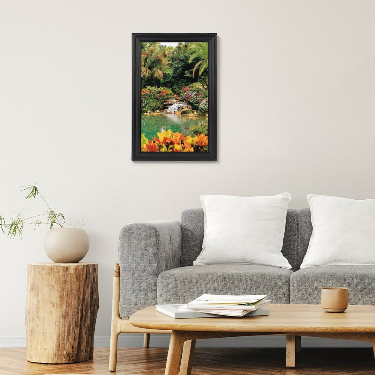 Serene Tropical Garden and Waterfall European Style Framed Art Print  - 16" × 24"