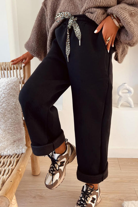 Pantalones de Invierno de Forro Polar con Cordón y Estampado de Leopardo Negro