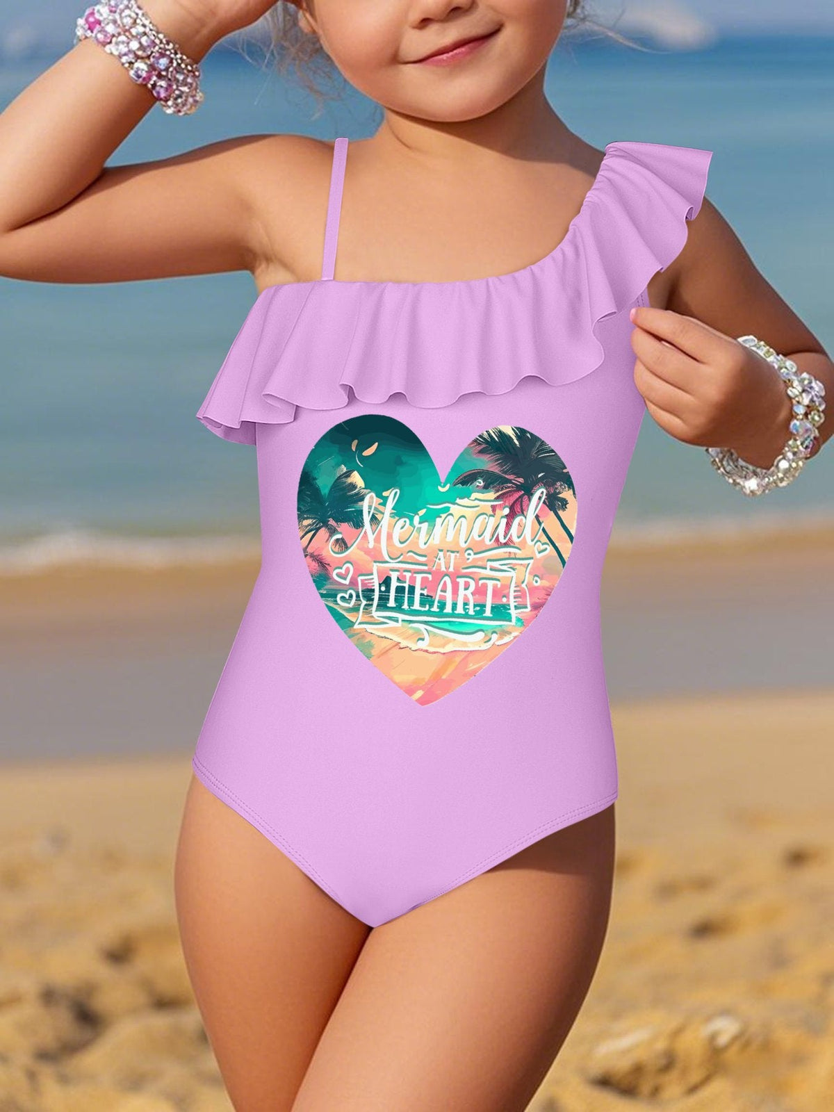 Girl's Mermaid at Heart Ruffled One-Piece Swimsuit (Front Printing)