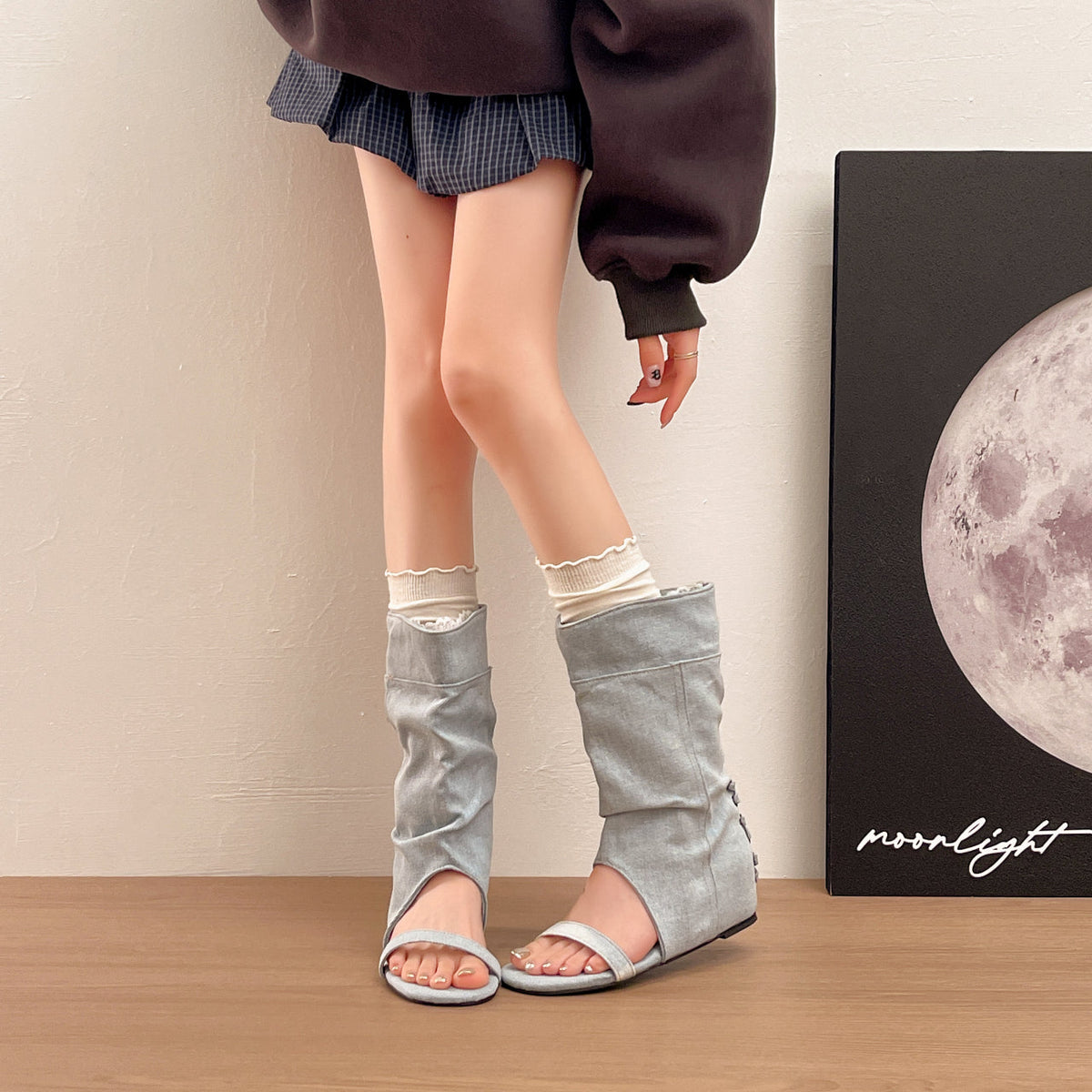 Women Slouch Washed Denim Open Toe Long Boots, Lace Trim Side Buttons Y2K Hidden Wedge Tall Sandal Booties