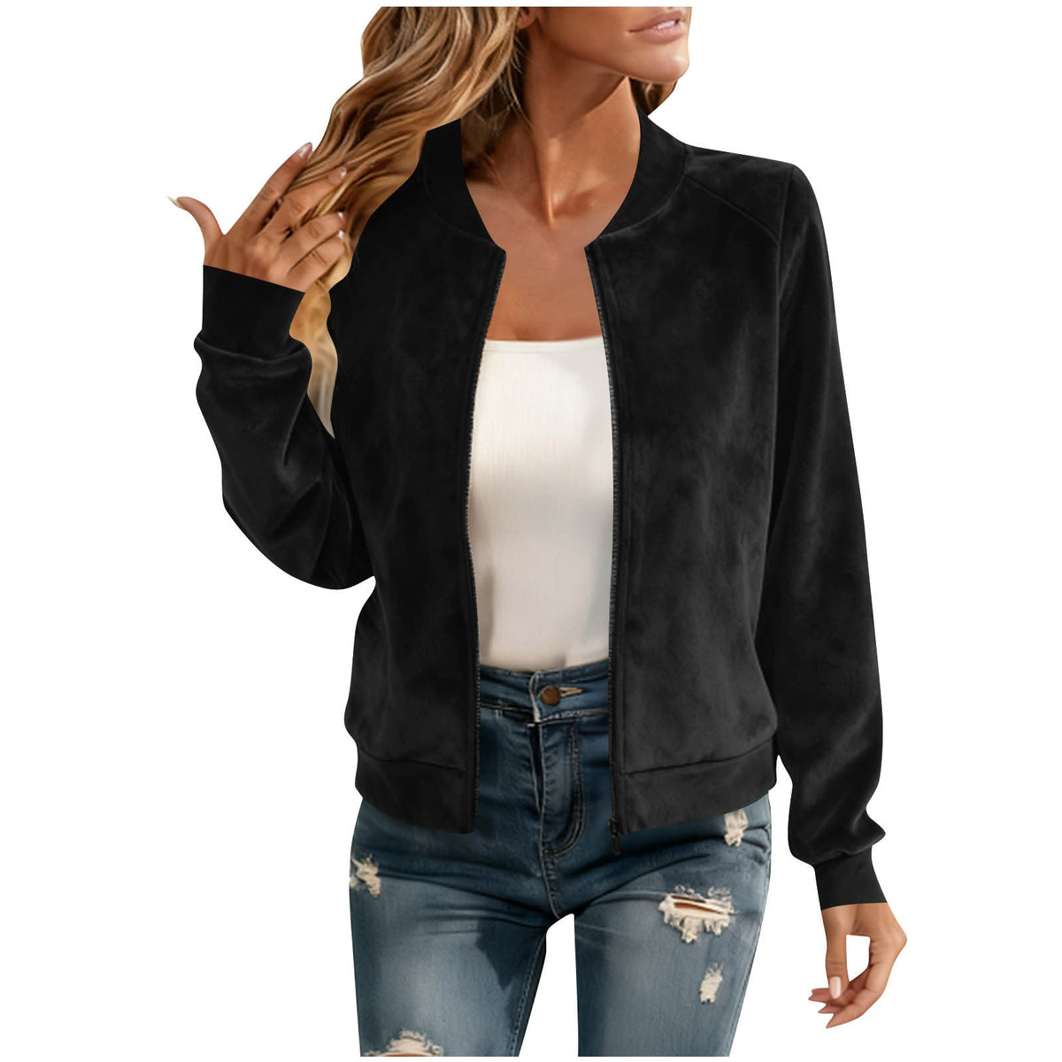 Round-neck Zip-up Deerskin-fleece Short Jacket Flight Suit