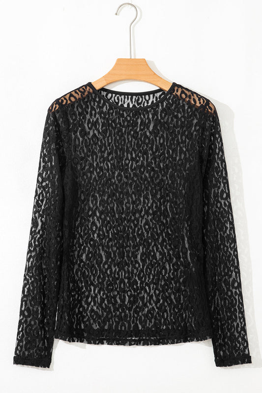 Top de manga larga de malla transparente con estampado de leopardo negro