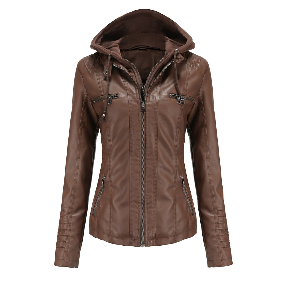 23 European And American Cross-border Hooded Leather Jacket Two-piece Set Removable Large Size Leather Jacket Women's Spring And Autumn Coat Women's PU Wash Leather