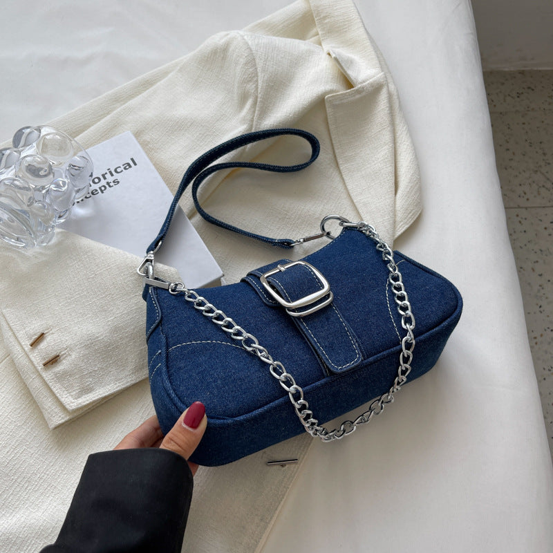 Women's Denim Crossbody Bag with Chain Detail