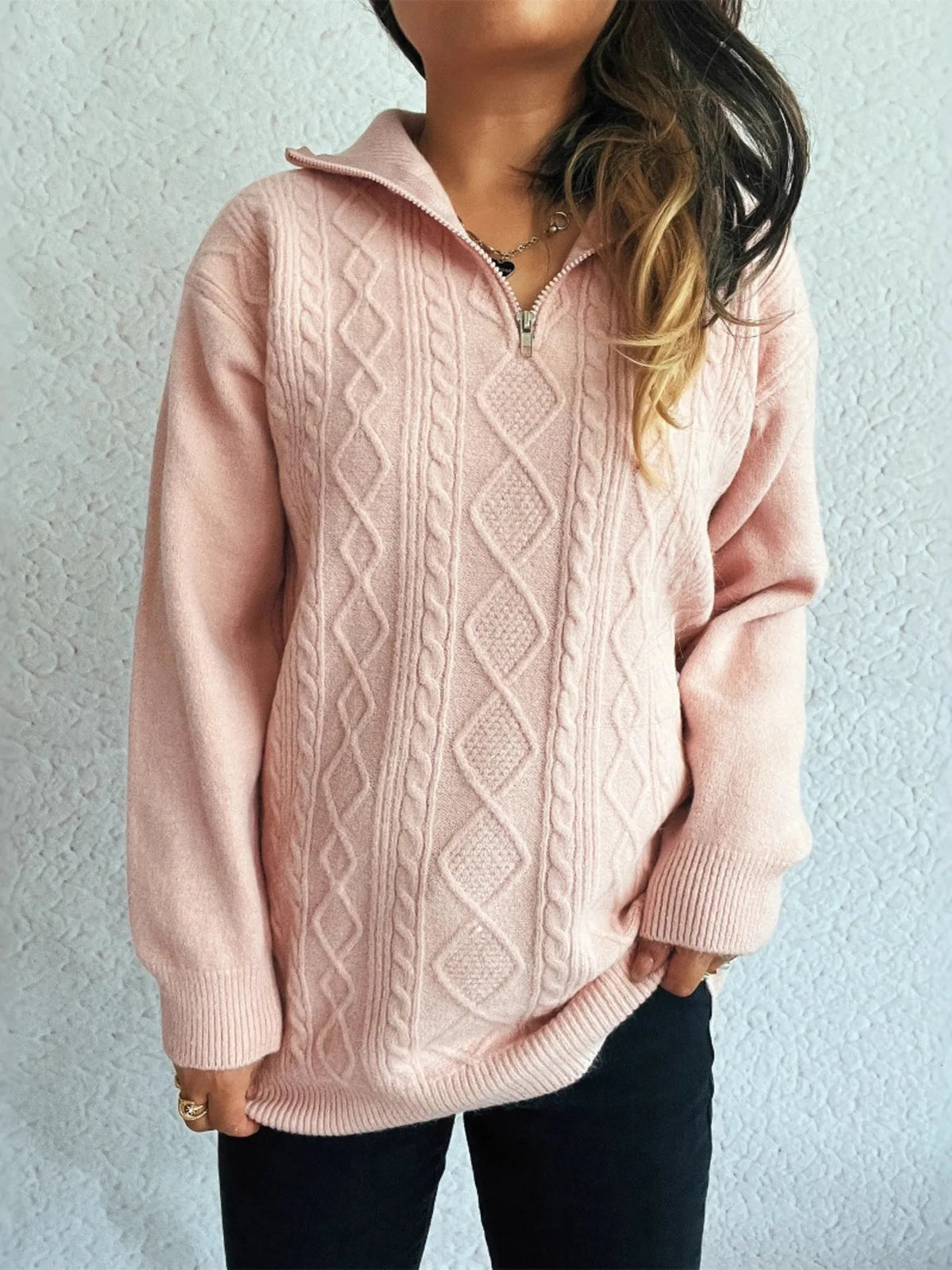 Texture Zip Collar Long Sleeve Sweater