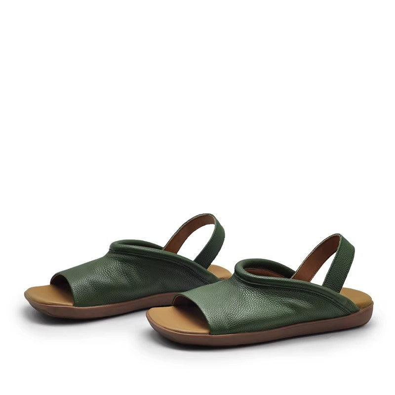 Women's Soft-leather Square-toe Flat Sandals