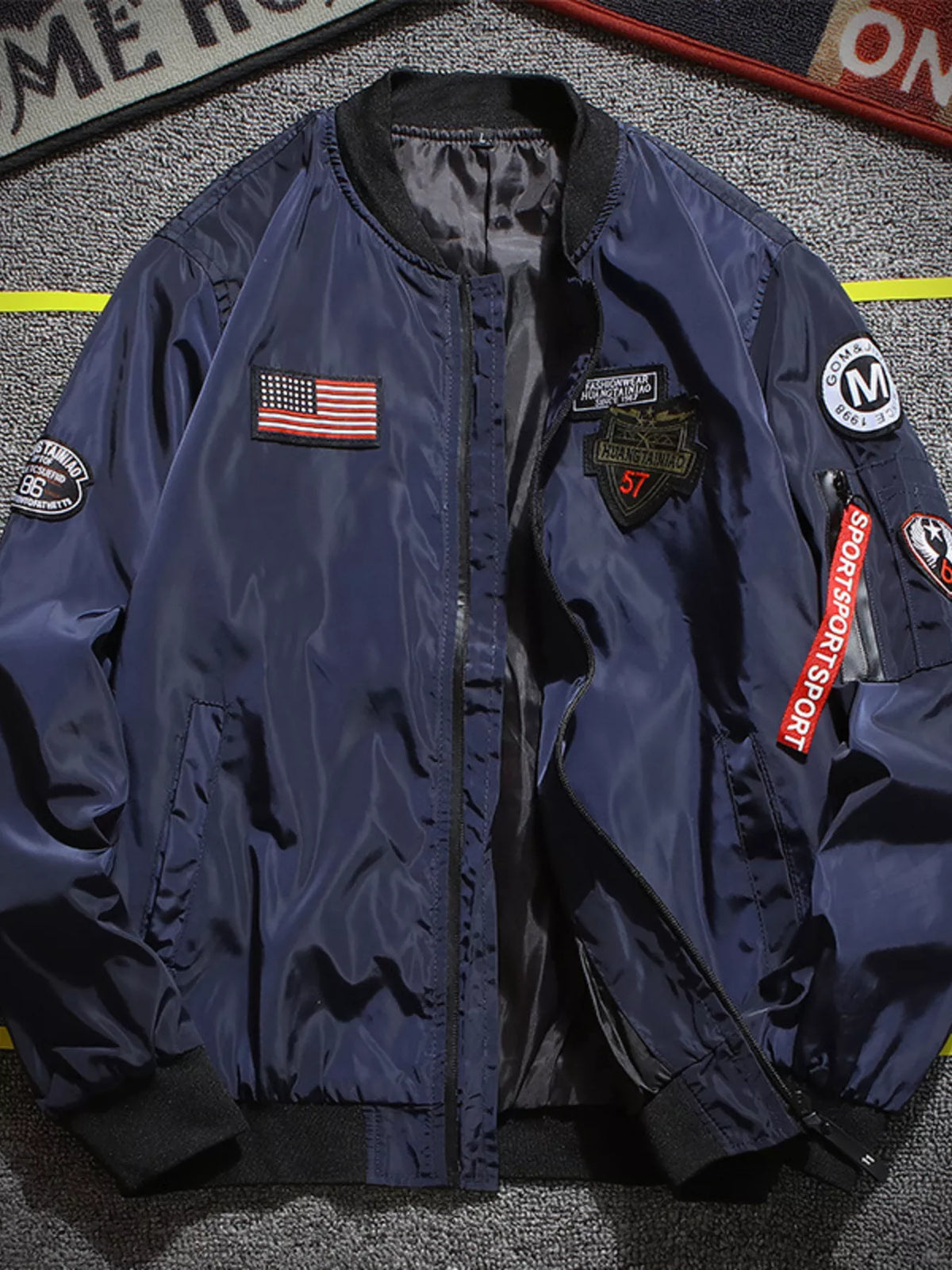 Men's Plus Size Military-Inspired Patched Bomber Jacket