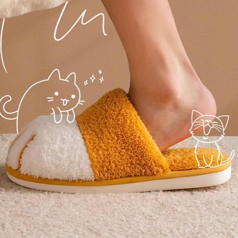 Zapatillas de invierno cálidas con piel para mujer, bonitas zapatillas de dormitorio con diseño de pata de gato, zapatos de felpa cálidos, antideslizantes para interior, zapatillas peludas para mujer