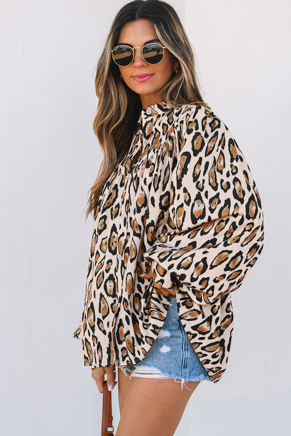 Camisa informal de manga globo y estampado de leopardo extragrande Jet Stream