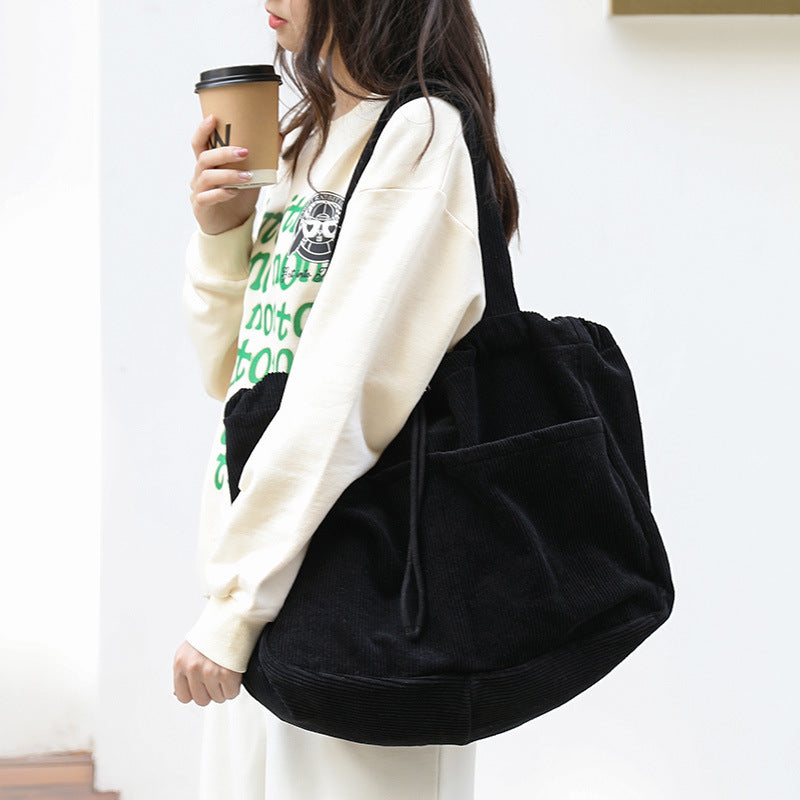 Women's Corduroy Drawstring Shoulder Bag Travel Bag