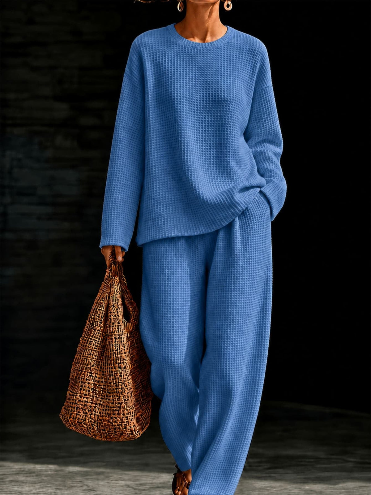 Women's Waffle Knit Oversized Crew-Neck Pullover & Relaxed Wide-Leg Trouser Lounge Co-ord Set