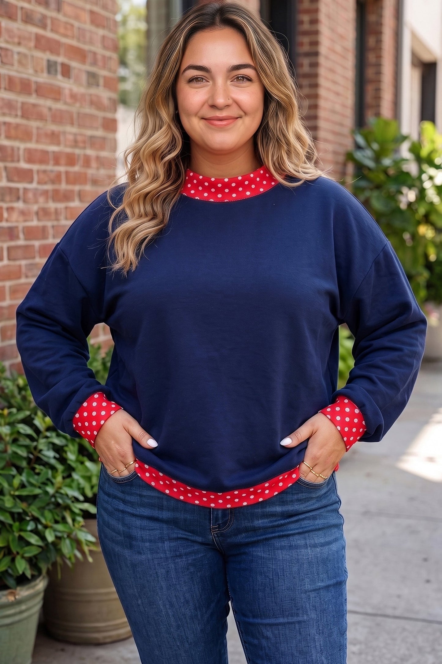 Racing Red Polka Dot Patchwork Round Neck Plus Size Sweatshirt