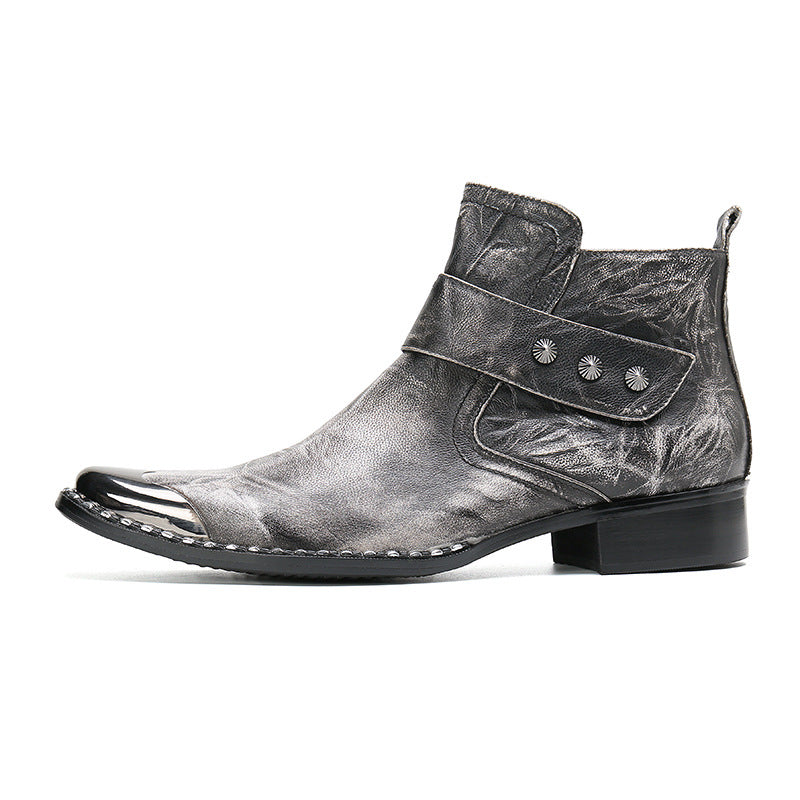 Chunky Heel Cowhide Gray Motorcycle Boots
