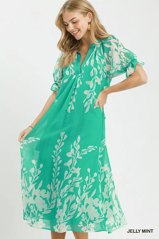 Umgee Floral Print Tie Waist Midi Dress with Side Pockets in Jelly Mint