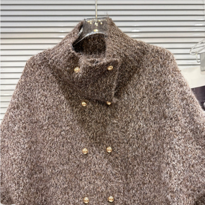Vintage-style Womens Turtleneck Knit Sweater With Double-breasted Metal Buttons