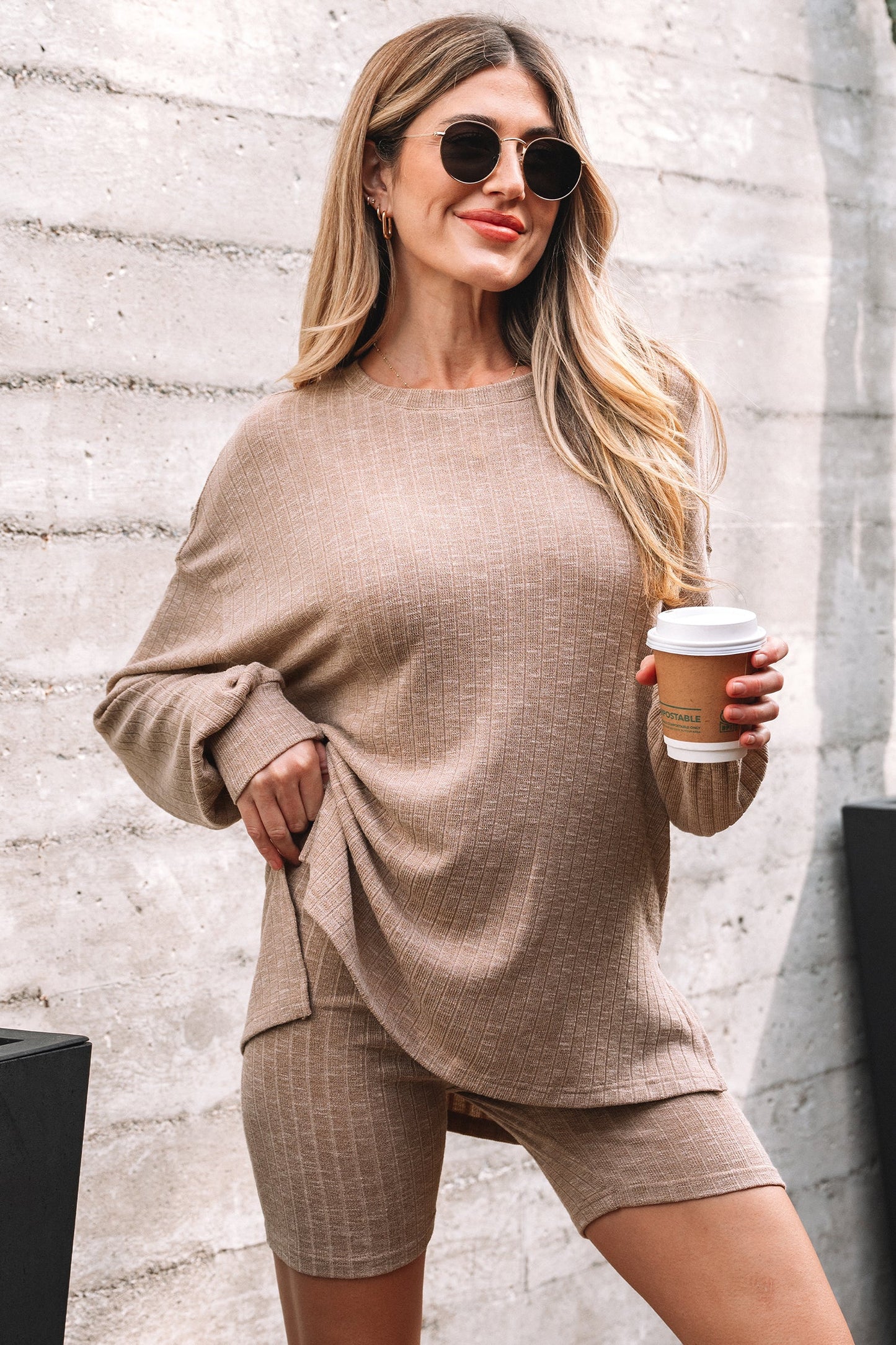 Dark Khaki Ribbed Balloon Sleeve Pullover Top and Biker Knitted Short Set
