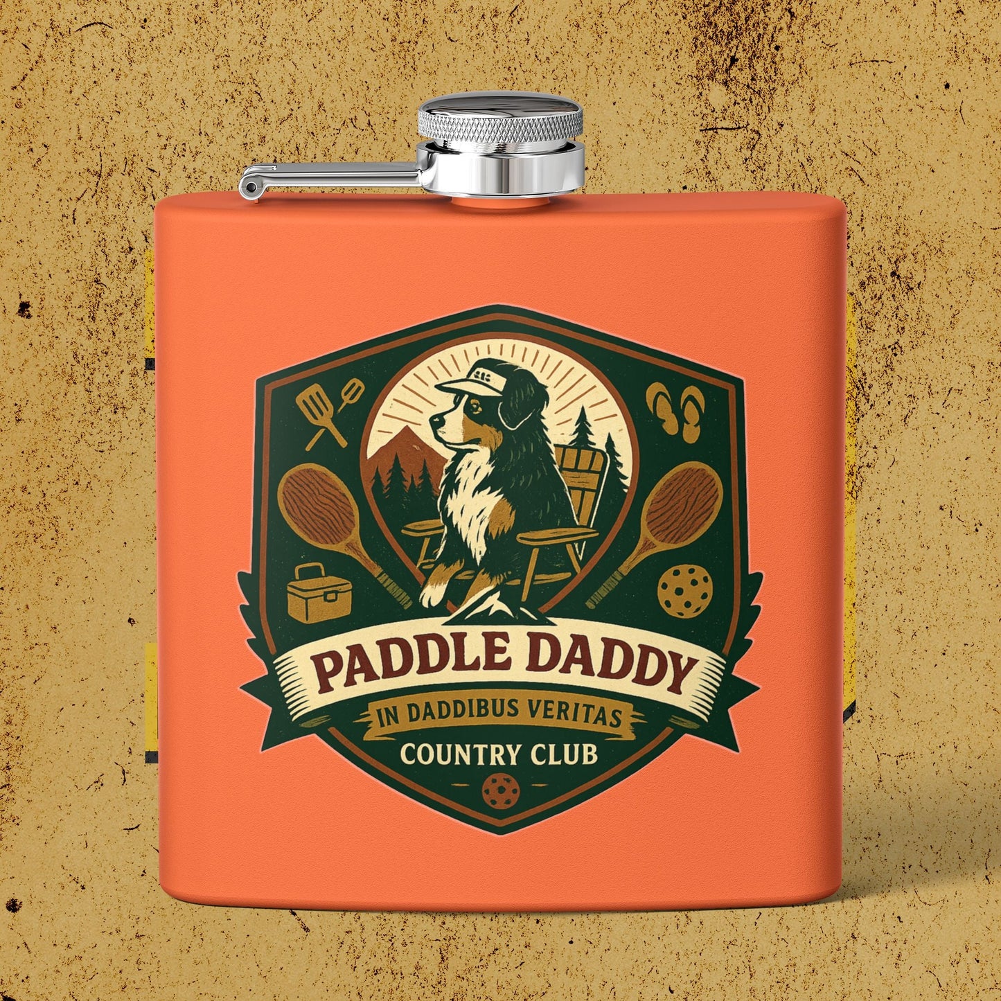 Petaca de acero inoxidable Paddle Daddy, diseño de perro Chloe, regalo de pickleball y deportes de pala, accesorio Dadcore In Daddibus Veritas