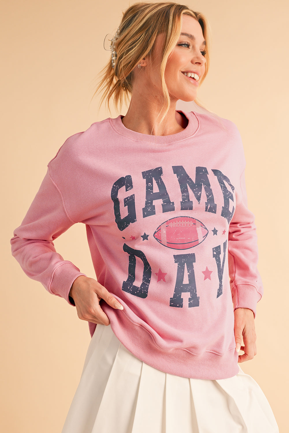 Sudadera Rosa con Hombros Caídos y Gráfico de Día de Partido de Rugby
