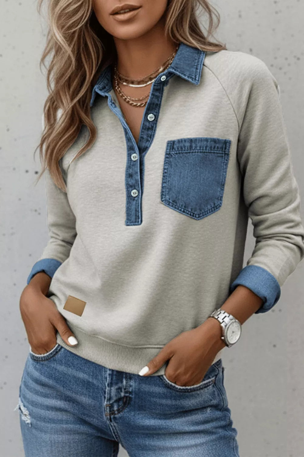 Denim-Trimmed Long Sleeve Top