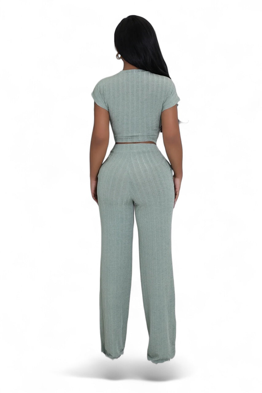 Conjunto de 2 piezas de top corto con cinturón y pantalón de pernera ancha {Ideal para chicas altas}
