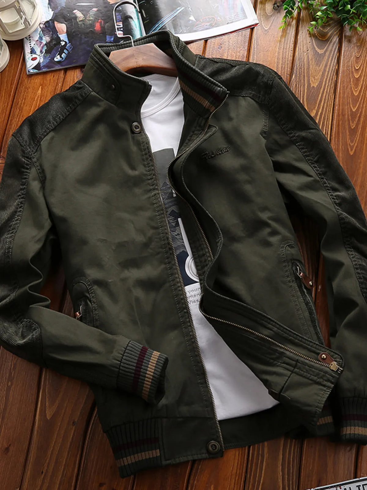 Men's Full Size Bomber Jacket with Ribbed Cuffs and Collar Plus Size