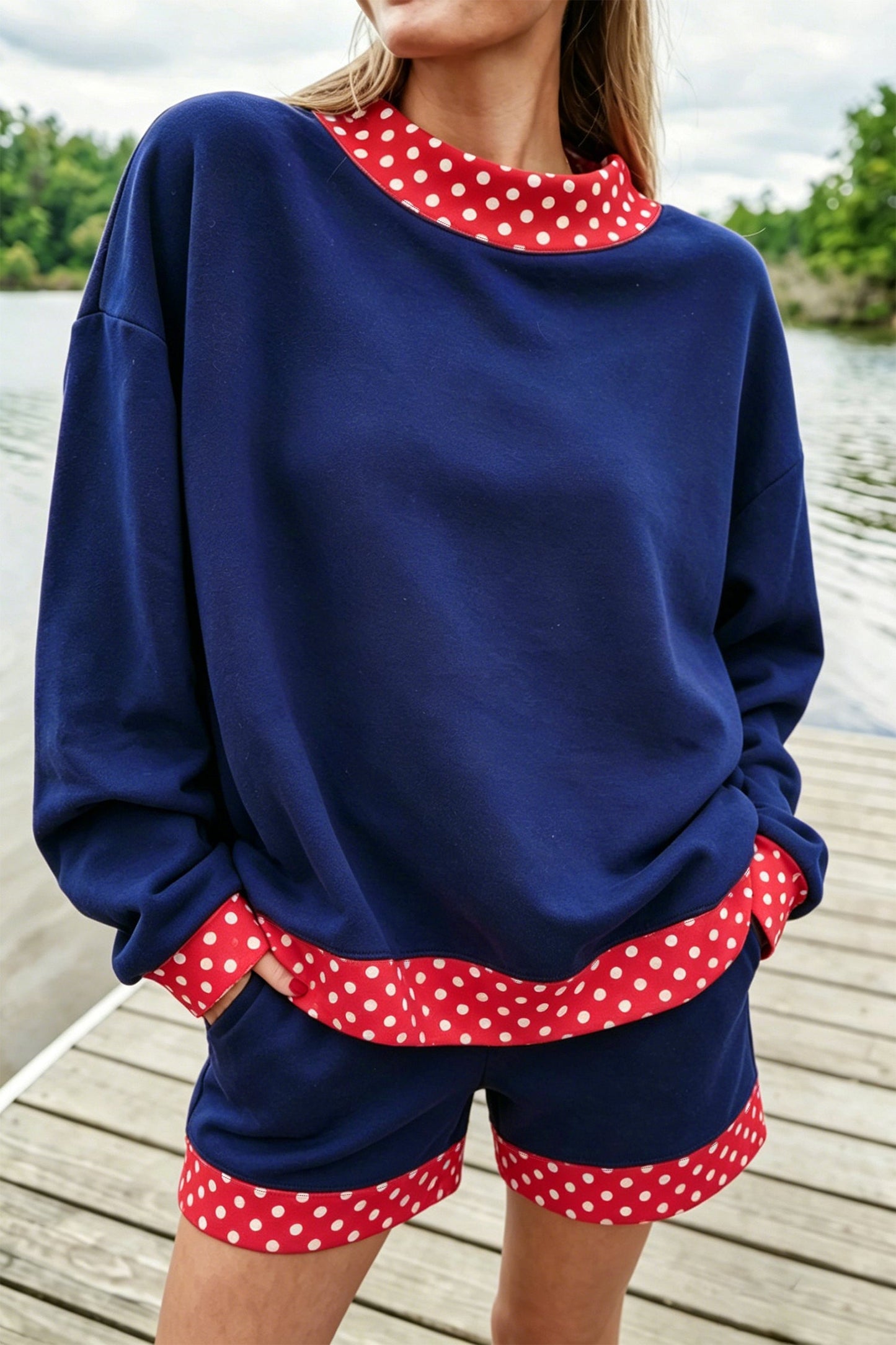 Dark Blue Polka Dot Trim Baggy Pullover 2pcs Short Set