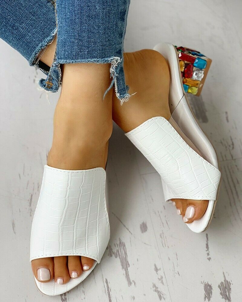 Fish Mouth Rhinestone Thick Heel Sandals