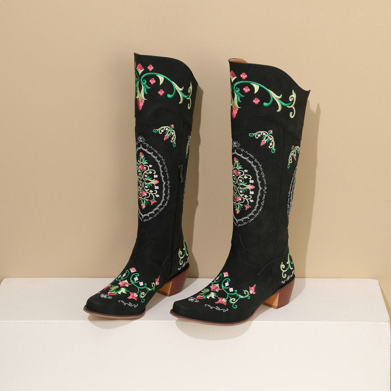 Women's Chunky-Heel Retro Embroidered Side-Zip Mid-Calf Boots