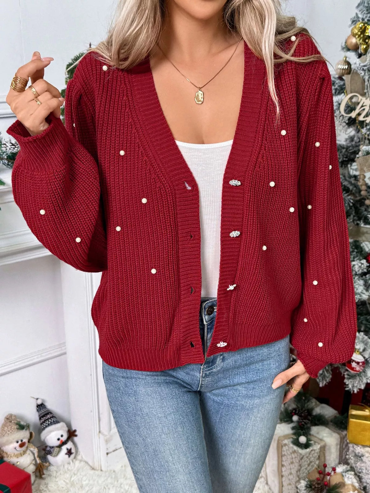 Pearl Embellished Button Up Cardigan