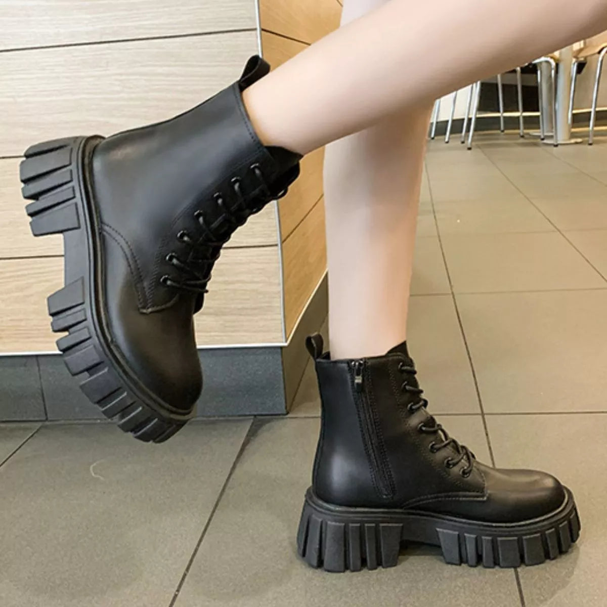 Round Toe Lace-Up Chunky Boots