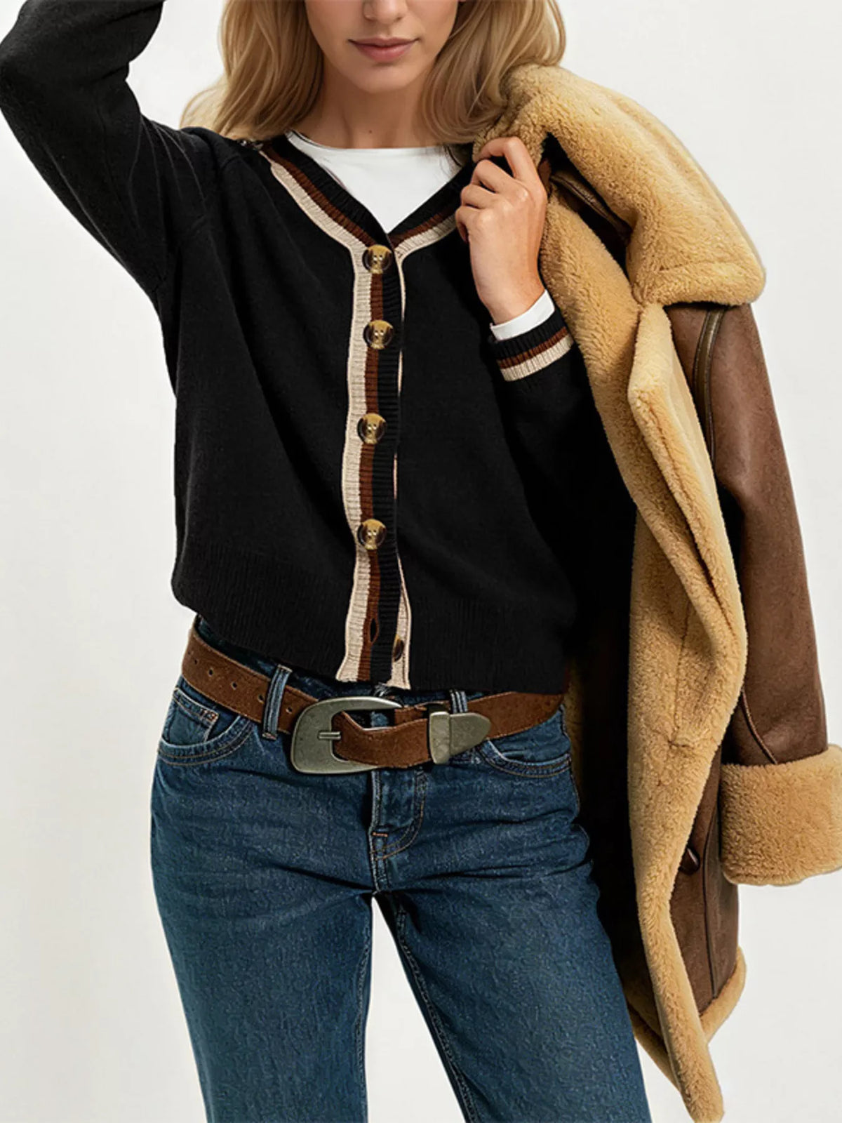 Striped Trim Button-Down Cardigan