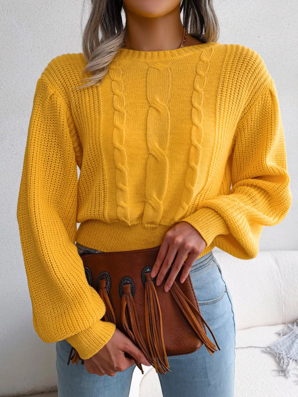 Cable Knit Round Neck Cropped Sweater