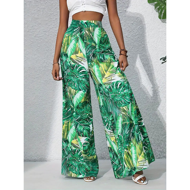 Pantalones palazo de mujer estampados de tiro alto y pierna ancha