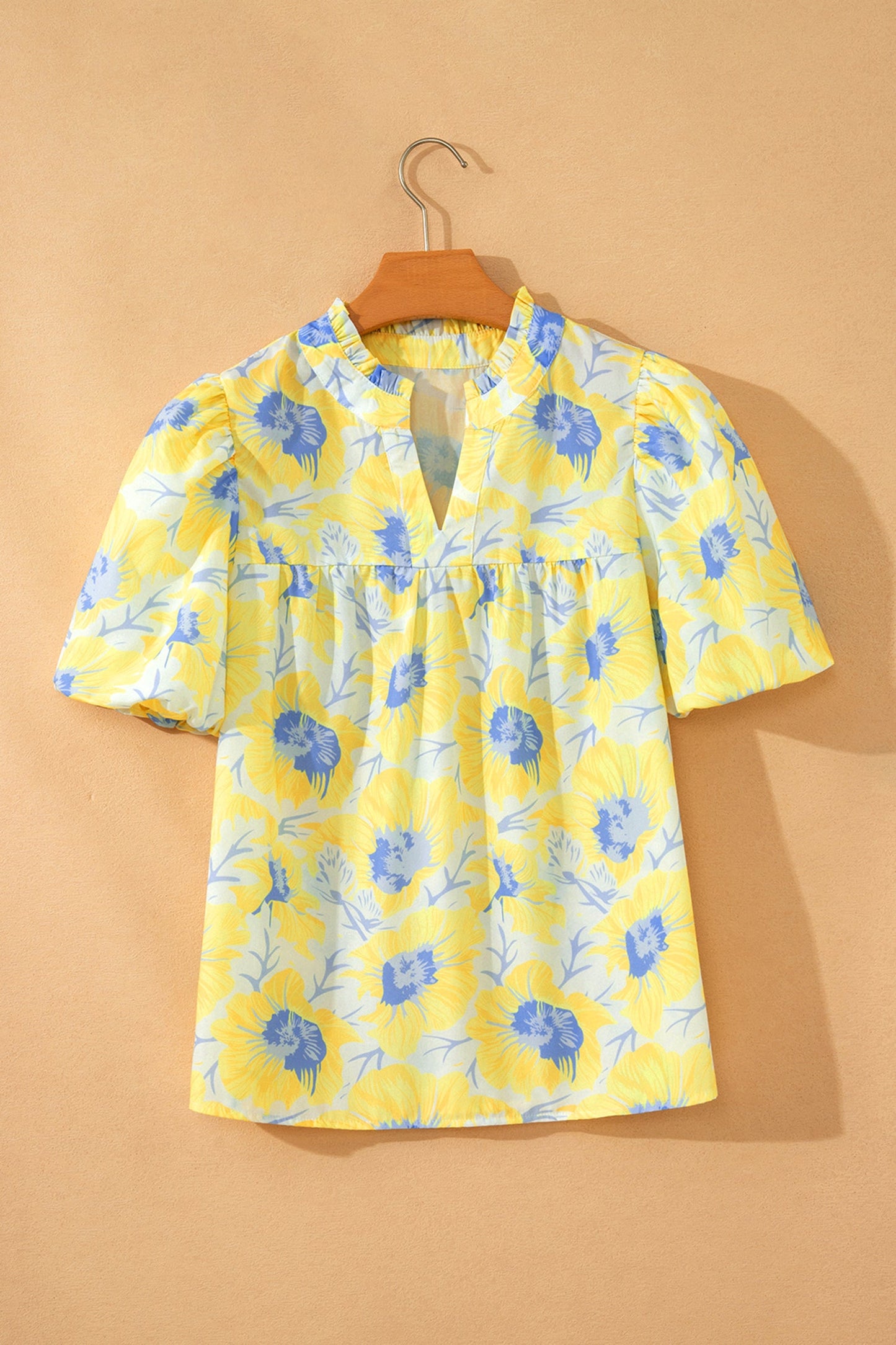 Yellow Short Bubble Sleeve Summer Floral Blouse