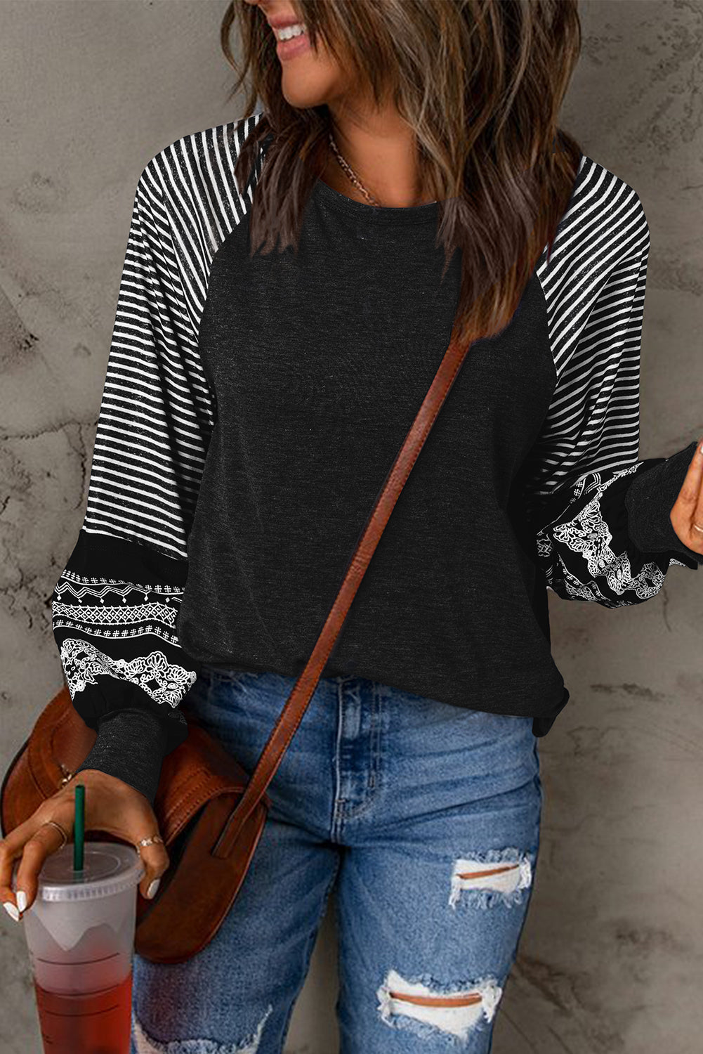 Tillandsia Purple Contrast Print Striped Raglan Long Sleeve Loose Top