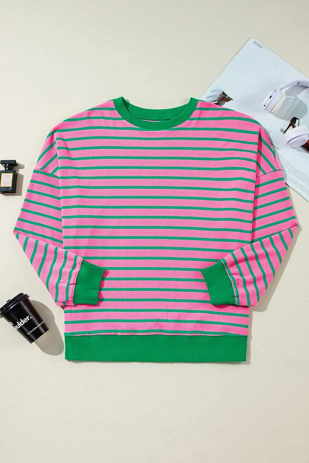 Sweaters Love Salve Pink Stripe Plus Size Women's Sweatshirt Cozy Waffle Knit Crew Neck
