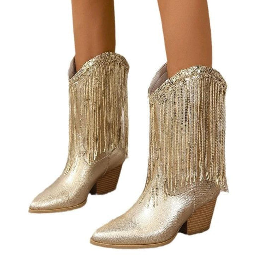 European And American Fashion Middle Fashion Boots Female Retro Chunky Heel Pleated Western Knight