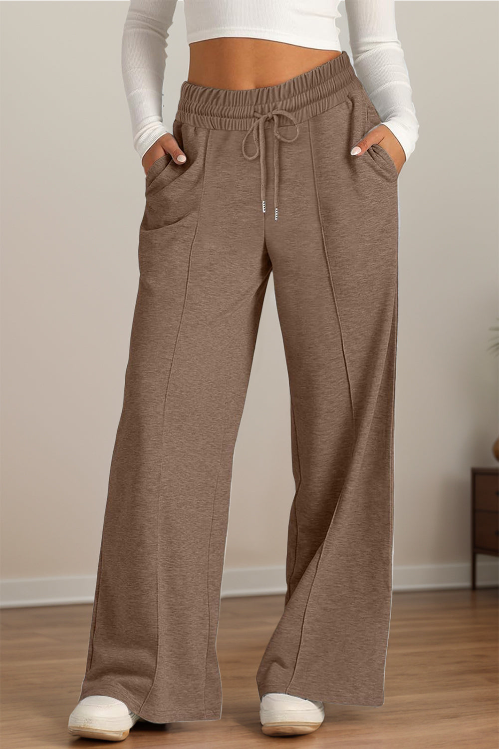 Pantalones de pernera ancha con cintura elástica y cordón ajustable