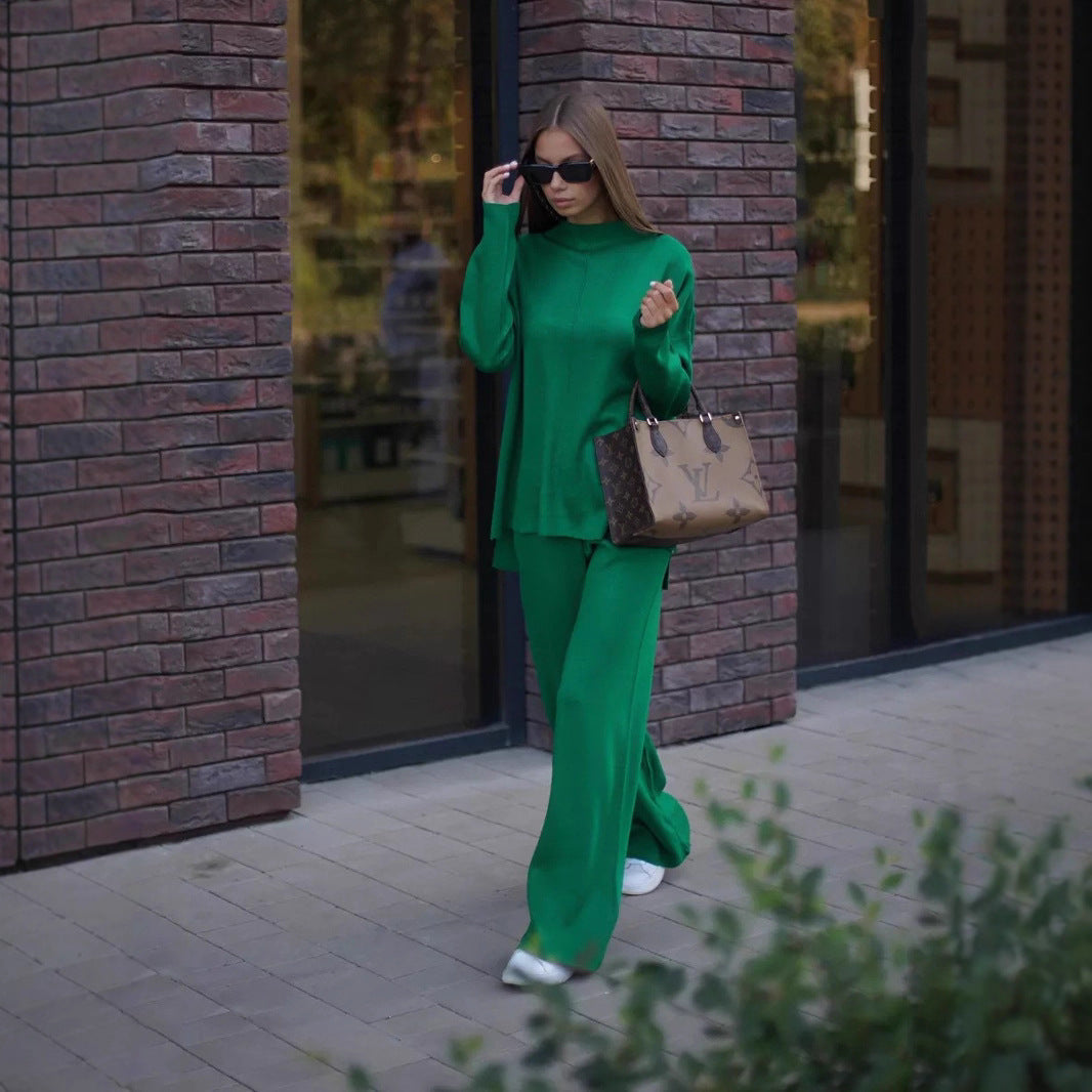 Women's Mock-Neck High-Low Sweater & Wide-Leg Pants Set