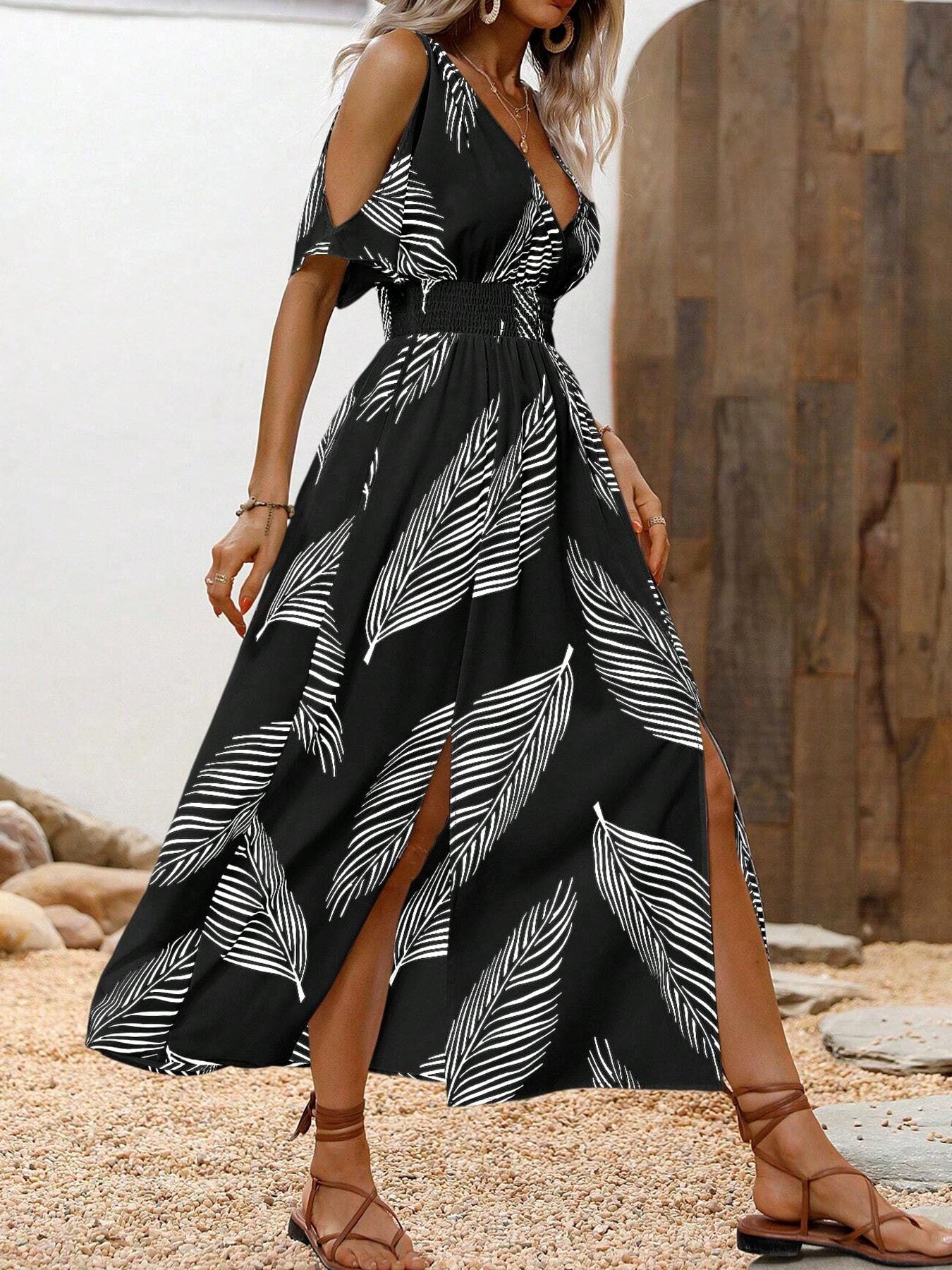 Vestido largo sin hombros con cuello cruzado en V para mujer