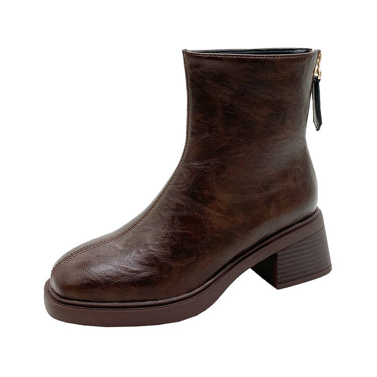 Retro Chunky-heeled Short Square-toe Mid-heel Boots