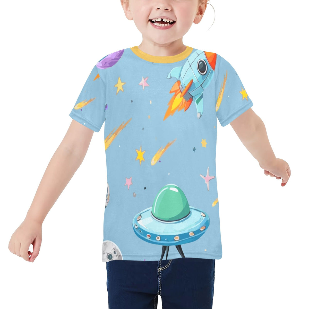 Space Illustration With Rocket Little Kids' All Over Print T-Shirt (Made in USA)