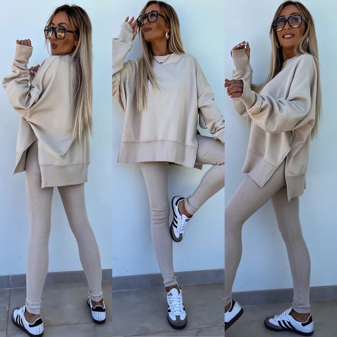 Traje de suéter informal para mujer – Conjunto de top suelto con aberturas y pantalones ajustados